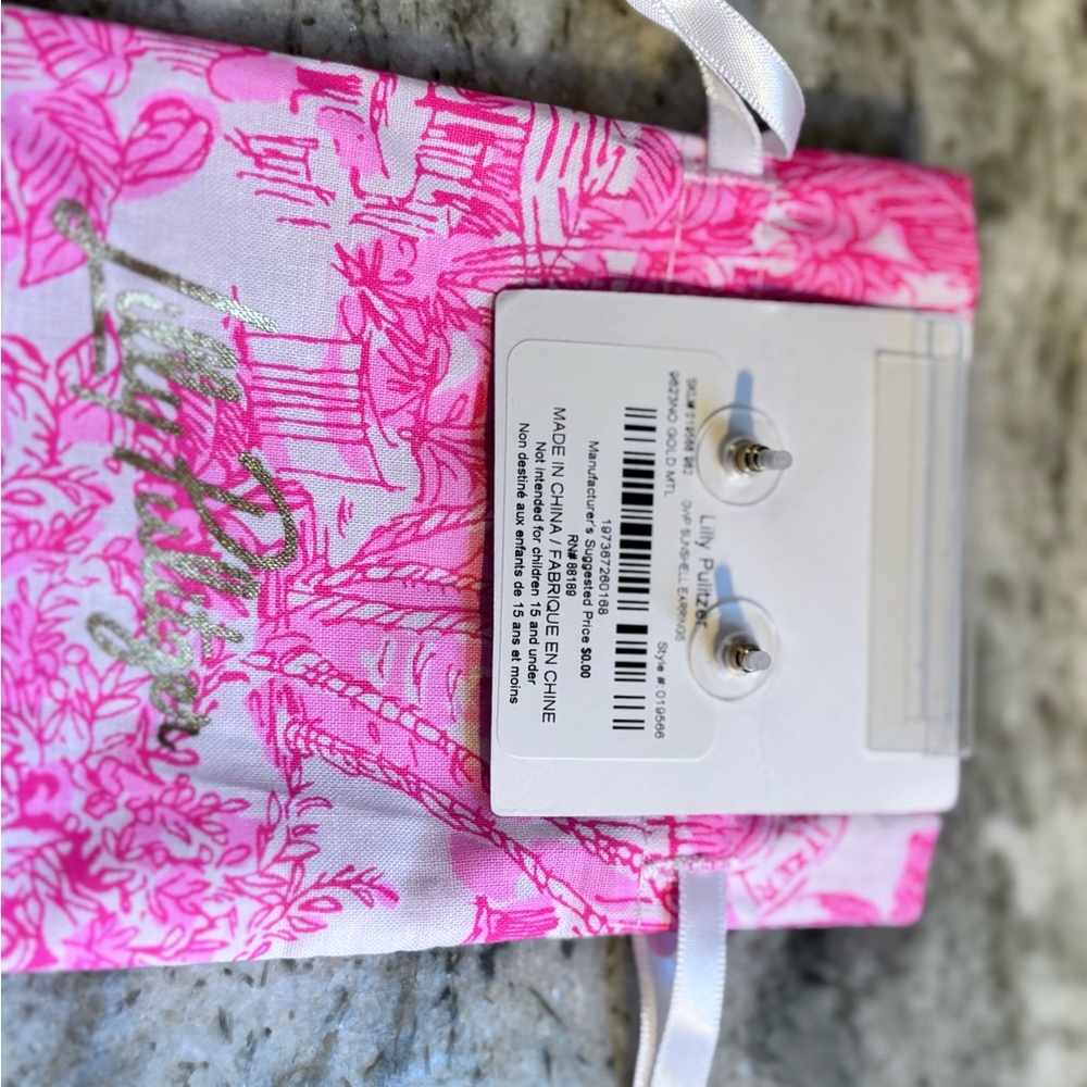Lilly Pulitzer Shimmering Gold Shell Stud Earrings & Pink Drawstring Pouch NWOT - Picture 3 of 4